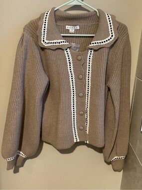 HYFVE Taupe Knit Cardigan with White Crochet Trim